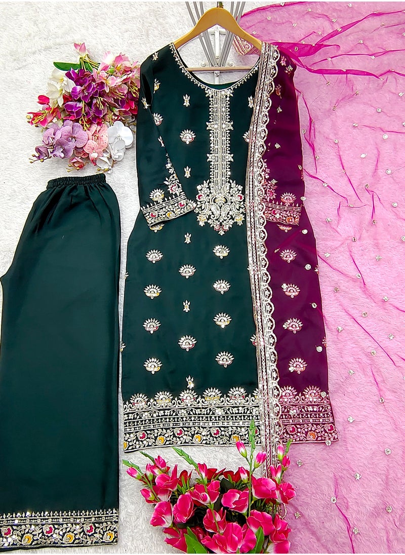 Presenting a new  Silk Top-Palazzo and Dupatta Set with embroidery Fully Stitched Ready to Wear