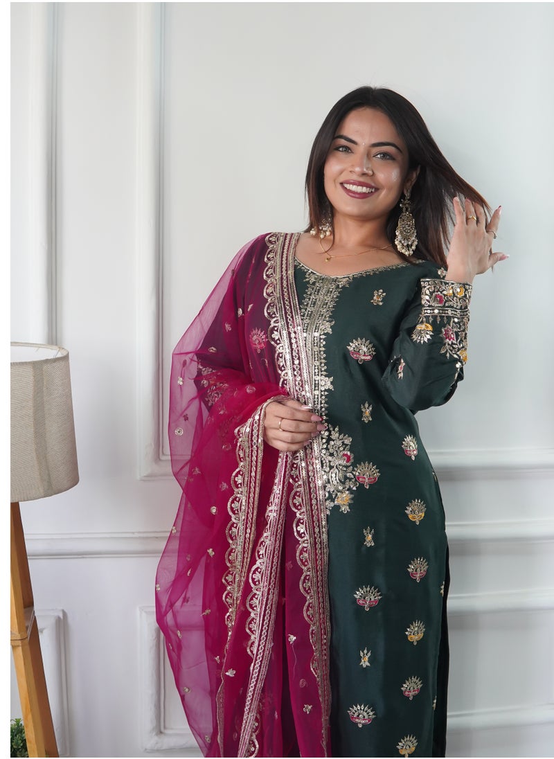 Presenting a new  Silk Top-Palazzo and Dupatta Set with embroidery Fully Stitched Ready to Wear