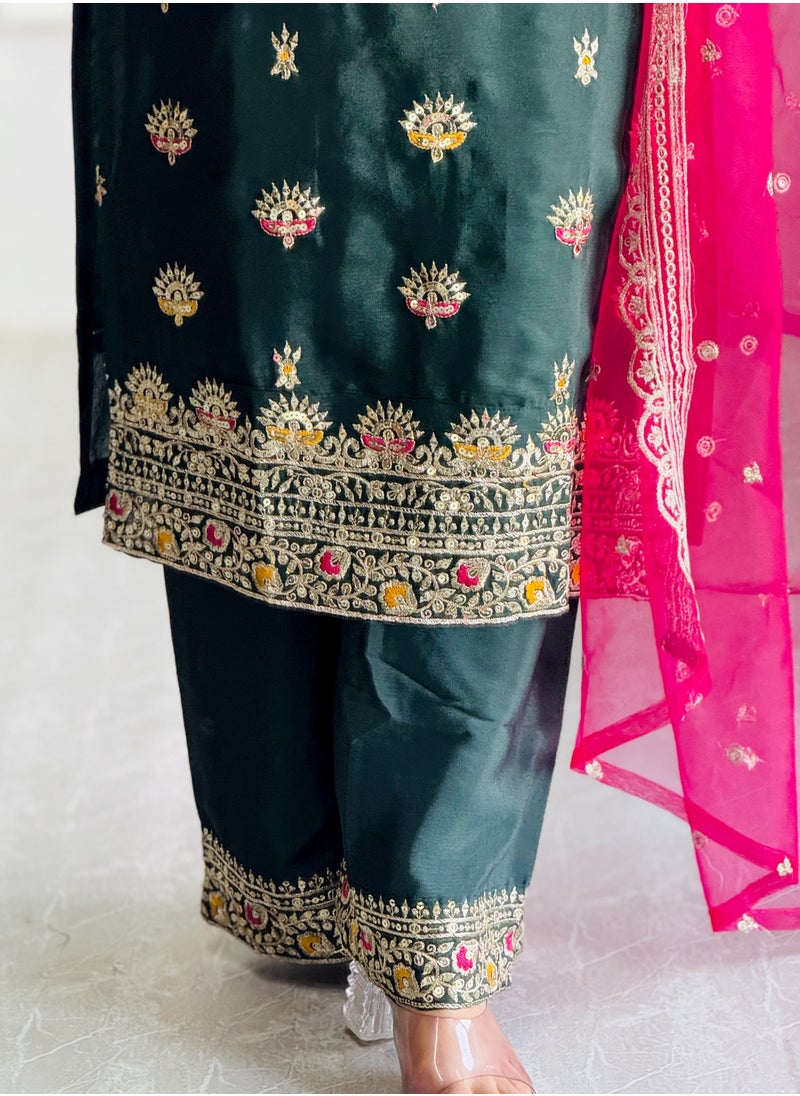Presenting a new  Silk Top-Palazzo and Dupatta Set with embroidery Fully Stitched Ready to Wear