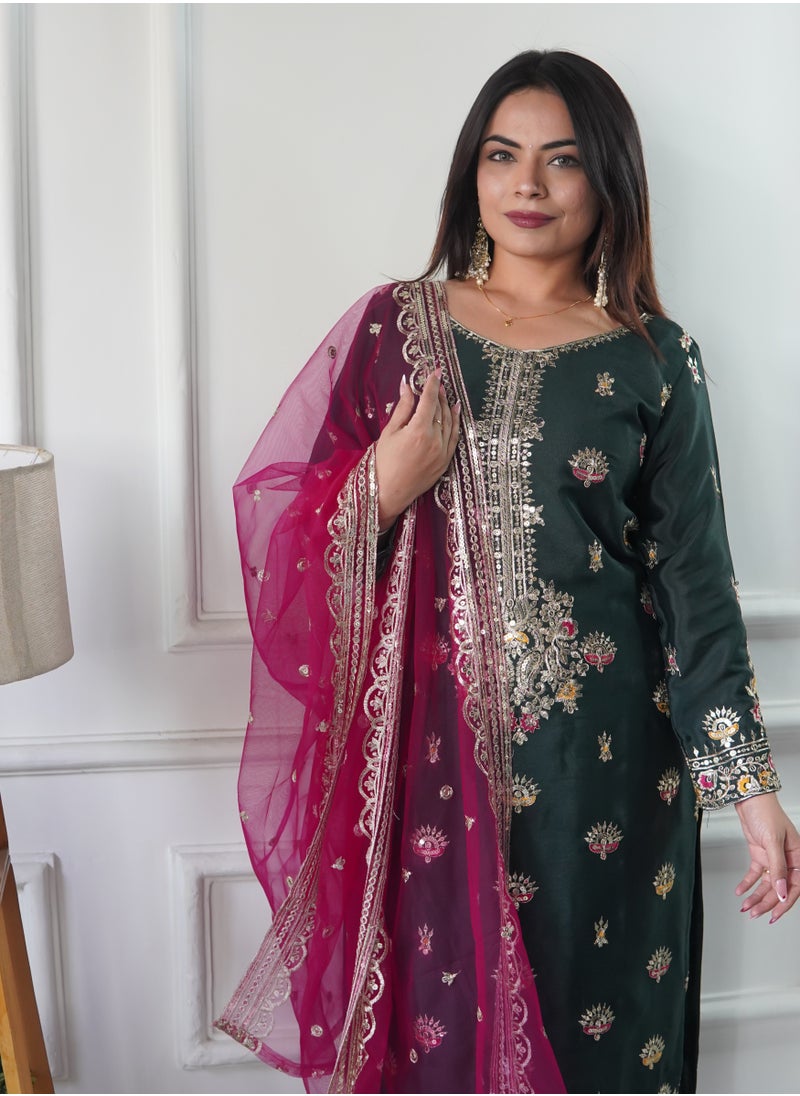 Presenting a new  Silk Top-Palazzo and Dupatta Set with embroidery Fully Stitched Ready to Wear