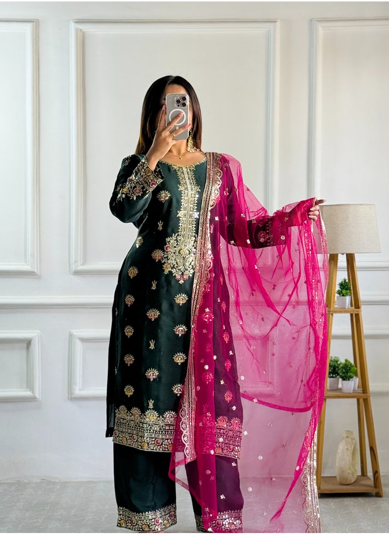 Presenting a new  Silk Top-Palazzo and Dupatta Set with embroidery Fully Stitched Ready to Wear