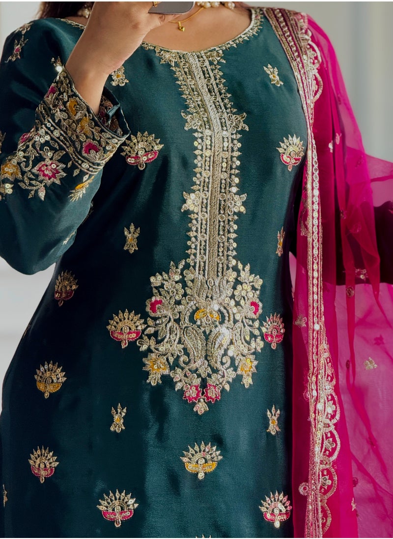 Presenting a new  Silk Top-Palazzo and Dupatta Set with embroidery Fully Stitched Ready to Wear
