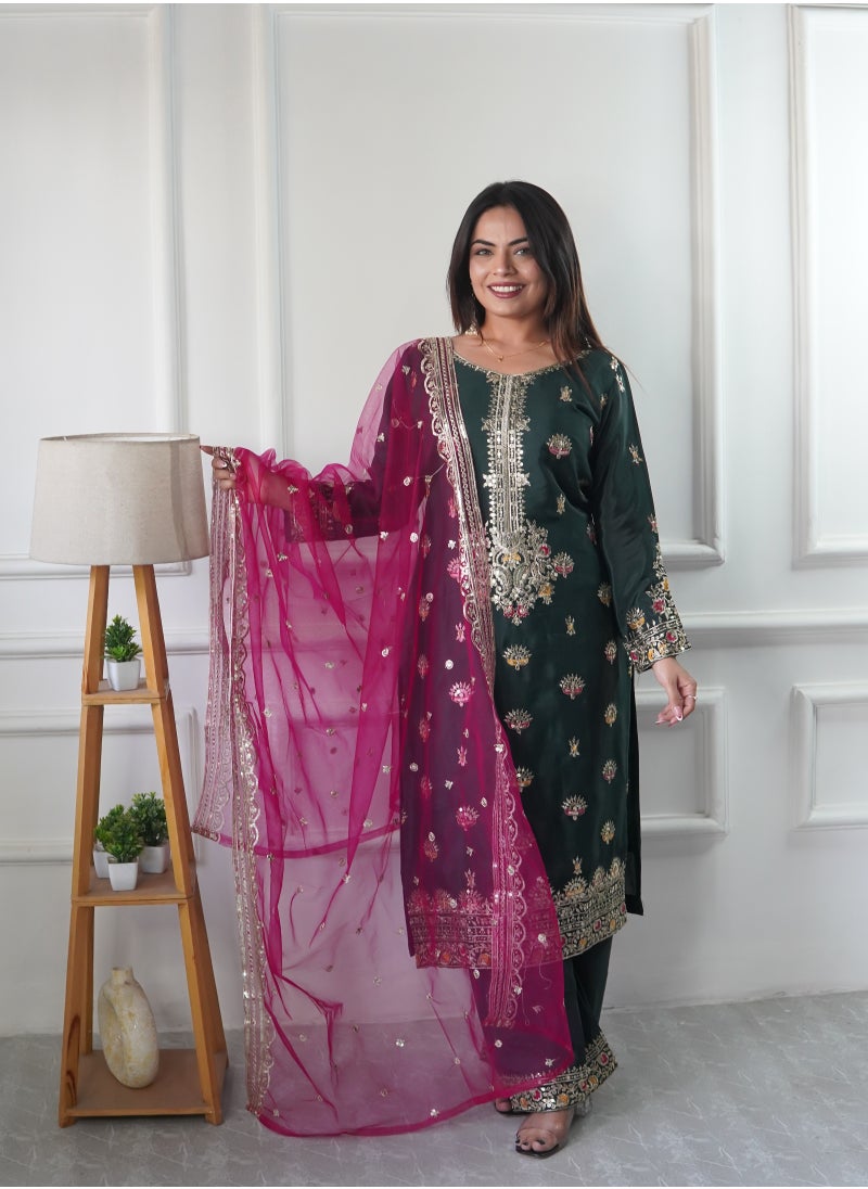 Presenting a new  Silk Top-Palazzo and Dupatta Set with embroidery Fully Stitched Ready to Wear