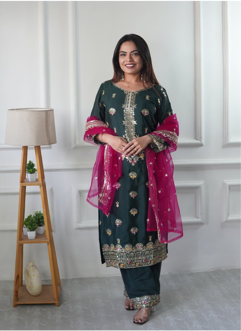 Presenting a new  Silk Top-Palazzo and Dupatta Set with embroidery Fully Stitched Ready to Wear
