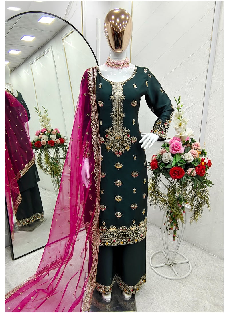 Presenting a new  Silk Top-Palazzo and Dupatta Set with embroidery Fully Stitched Ready to Wear