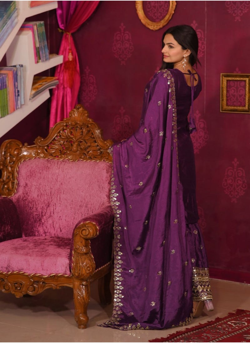 New Designer Embroidered Chinnon Suit with Sequence Embroidered Work primum sharara set