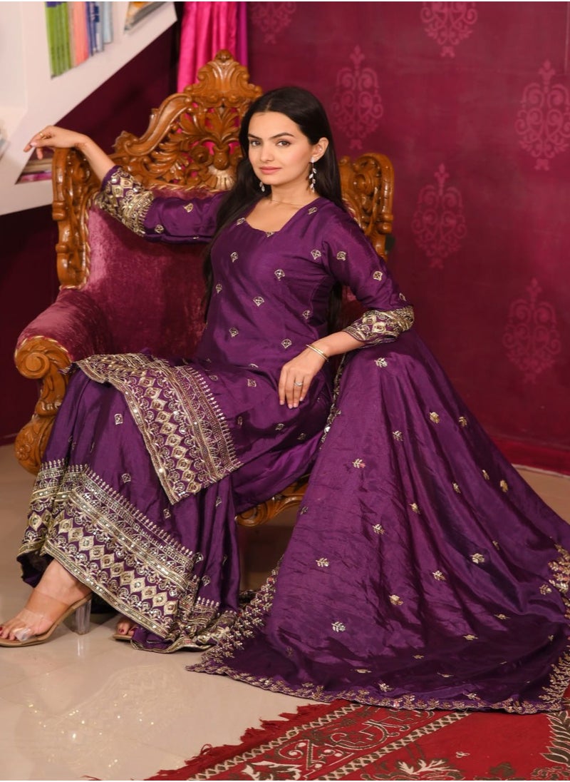 New Designer Embroidered Chinnon Suit with Sequence Embroidered Work primum sharara set