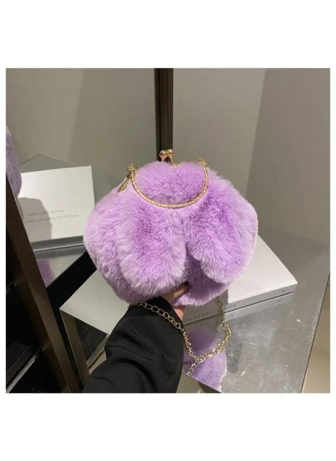 Cute Soft Rabbit Ear Sling Hand Bag With Smooth Zipper,Cross Body Bag For Girls,Clutch Purse with Gold Metal Chain Strap, Plush Side Bag, Shoulder hand Purse(Purple)