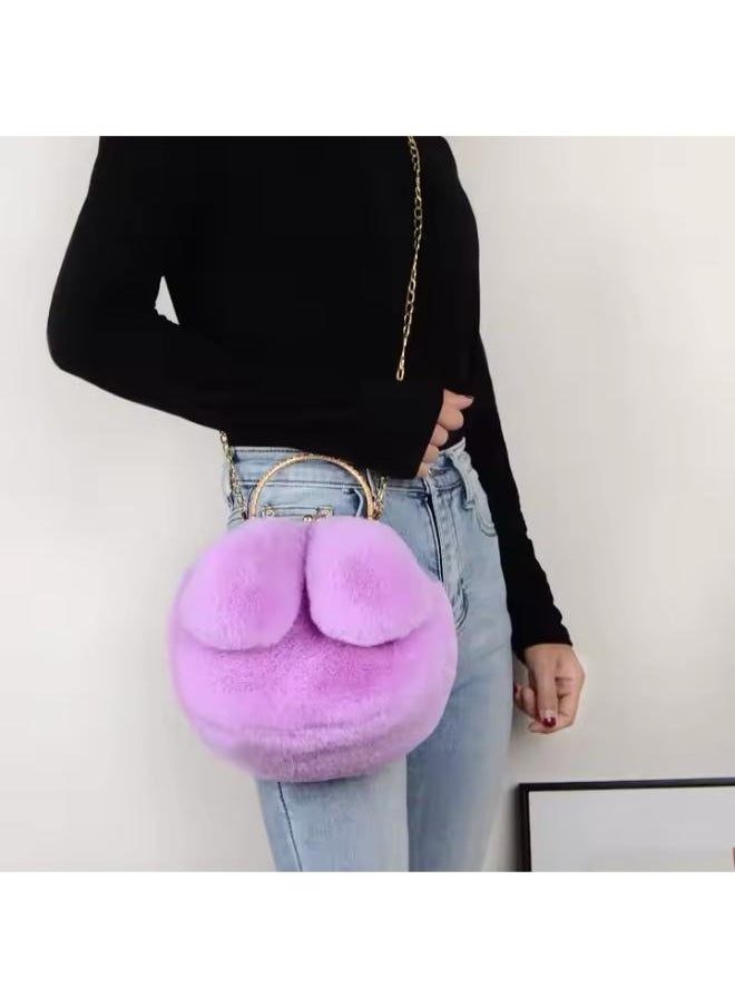 Cute Soft Rabbit Ear Sling Hand Bag With Smooth Zipper,Cross Body Bag For Girls,Clutch Purse with Gold Metal Chain Strap, Plush Side Bag, Shoulder hand Purse(Purple)