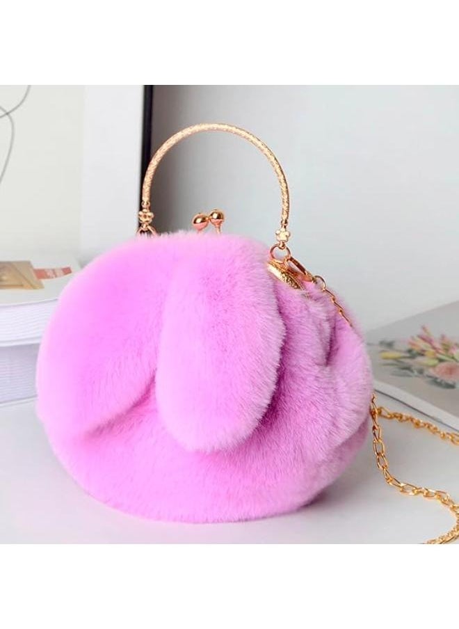 Cute Soft Rabbit Ear Sling Hand Bag With Smooth Zipper,Cross Body Bag For Girls,Clutch Purse with Gold Metal Chain Strap, Plush Side Bag, Shoulder hand Purse(Purple)