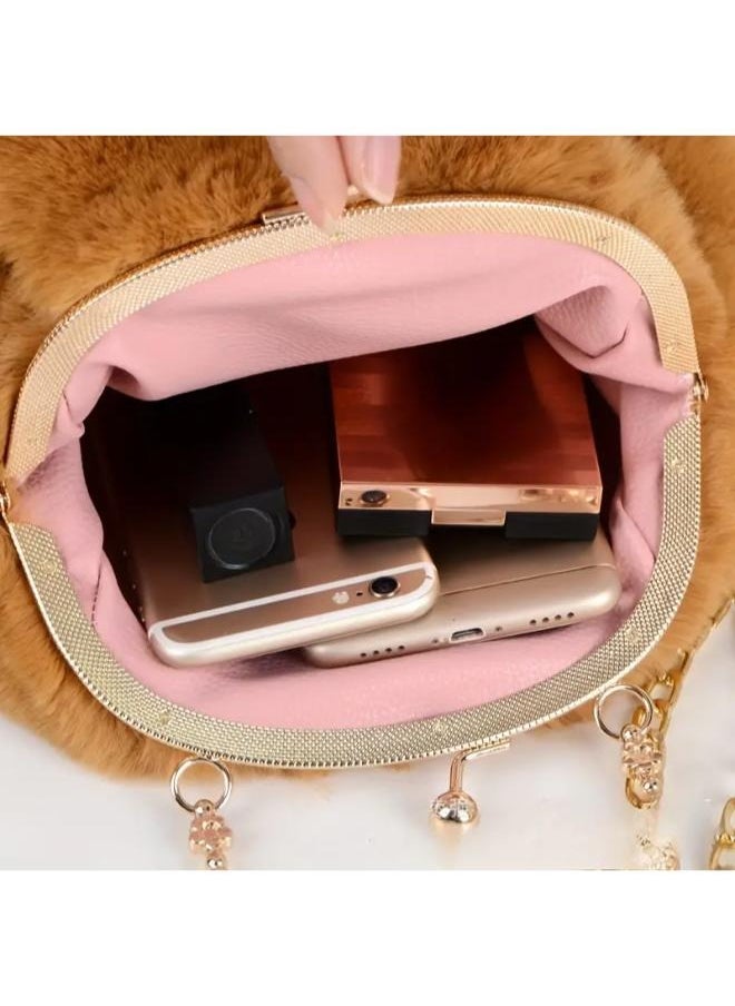 Cute Soft Rabbit Ear Sling Hand Bag With Smooth Zipper,Cross Body Bag For Girls,Clutch Purse with Gold Metal Chain Strap, Plush Side Bag, Shoulder hand Purse(Purple)