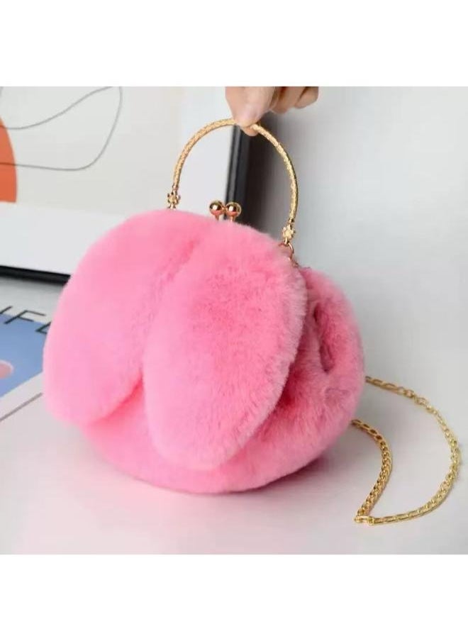 Cute Soft Rabbit Ear Sling Hand Bag With Smooth Zipper,Cross Body Bag For Girls,Clutch Purse with Gold Metal Chain Strap, Plush Side Bag, Shoulder hand Purse(Pink)