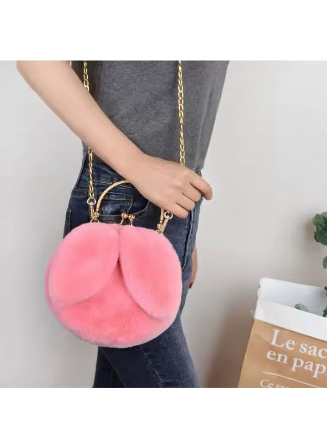 Cute Soft Rabbit Ear Sling Hand Bag With Smooth Zipper,Cross Body Bag For Girls,Clutch Purse with Gold Metal Chain Strap, Plush Side Bag, Shoulder hand Purse(Pink)