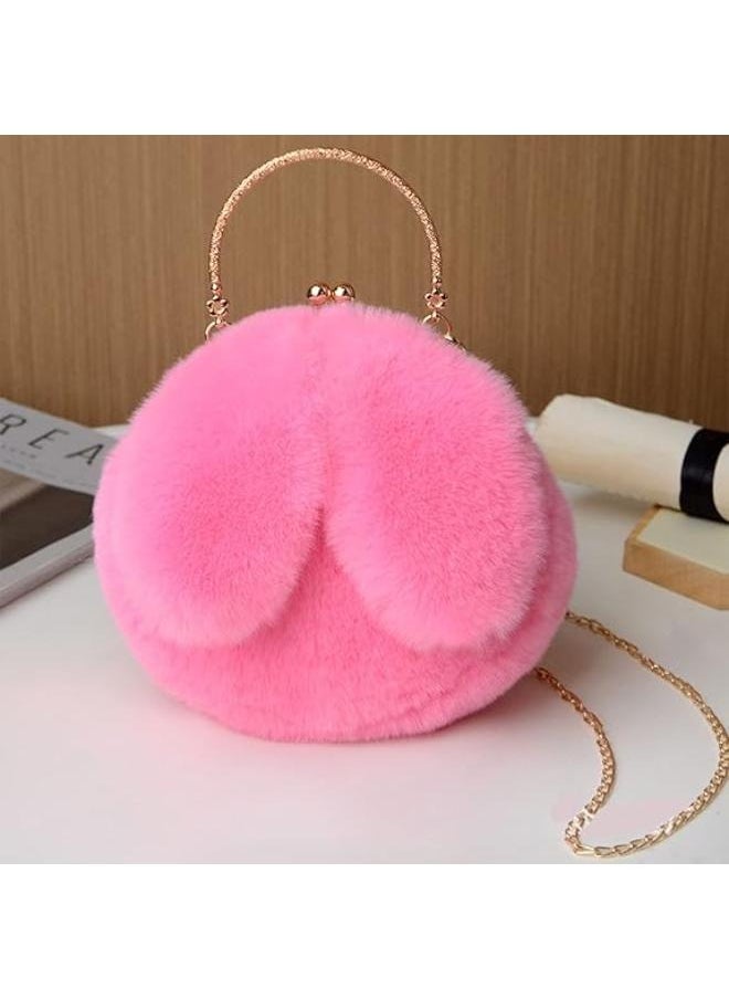 Cute Soft Rabbit Ear Sling Hand Bag With Smooth Zipper,Cross Body Bag For Girls,Clutch Purse with Gold Metal Chain Strap, Plush Side Bag, Shoulder hand Purse(Pink)