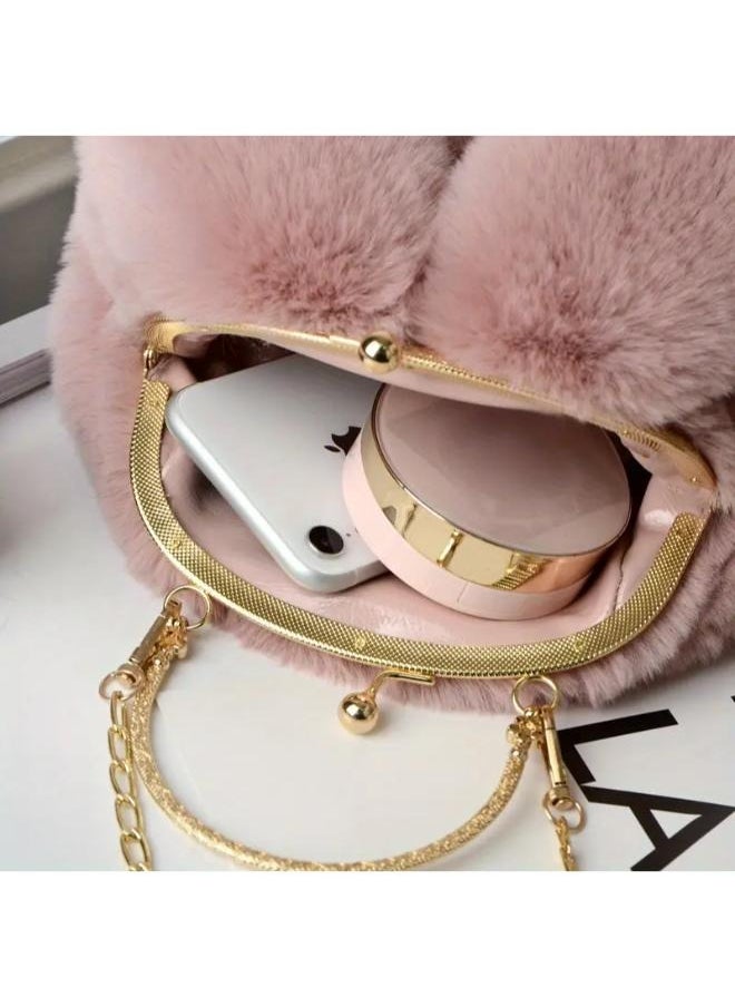 Cute Soft Rabbit Ear Sling Hand Bag With Smooth Zipper,Cross Body Bag For Girls,Clutch Purse with Gold Metal Chain Strap, Plush Side Bag, Shoulder hand Purse(Pink)