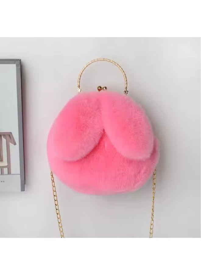Cute Soft Rabbit Ear Sling Hand Bag With Smooth Zipper,Cross Body Bag For Girls,Clutch Purse with Gold Metal Chain Strap, Plush Side Bag, Shoulder hand Purse(Pink)
