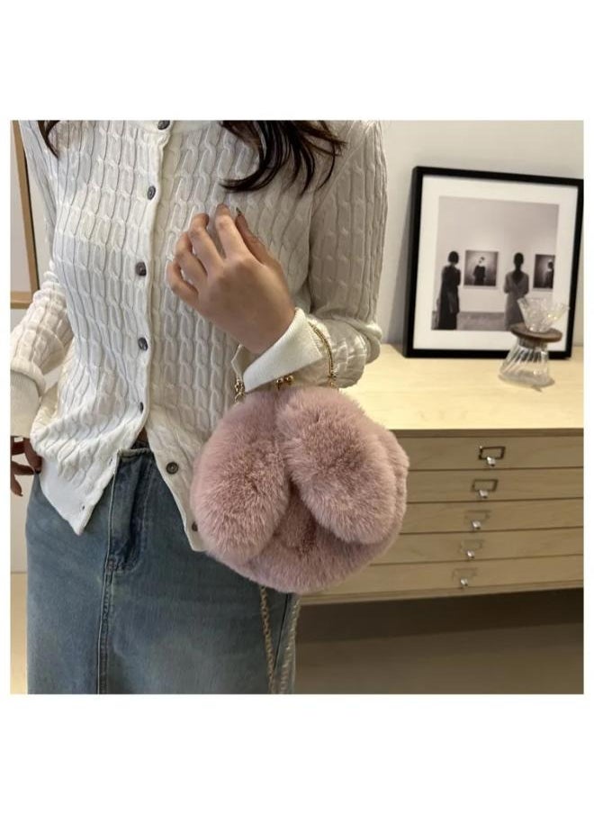 Cute Soft Rabbit Ear Sling Hand Bag With Smooth Zipper,Cross Body Bag For Girls,Clutch Purse with Gold Metal Chain Strap, Plush Side Bag, Shoulder hand Purse