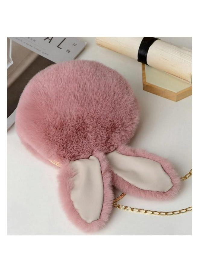 Cute Soft Rabbit Ear Sling Hand Bag With Smooth Zipper,Cross Body Bag For Girls,Clutch Purse with Gold Metal Chain Strap, Plush Side Bag, Shoulder hand Purse