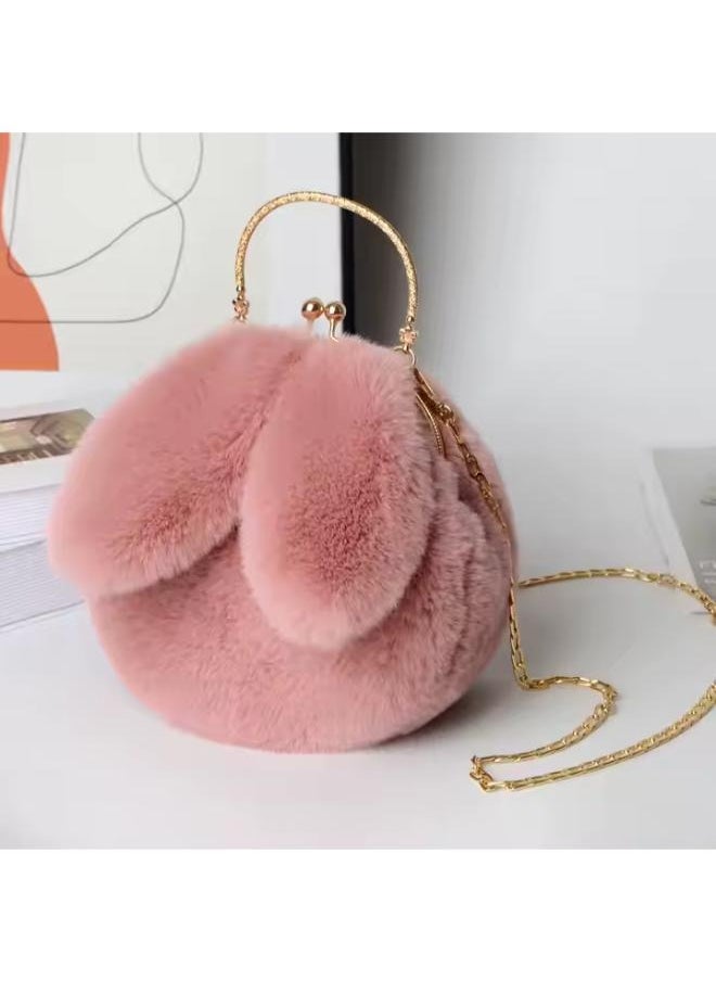 Cute Soft Rabbit Ear Sling Hand Bag With Smooth Zipper,Cross Body Bag For Girls,Clutch Purse with Gold Metal Chain Strap, Plush Side Bag, Shoulder hand Purse