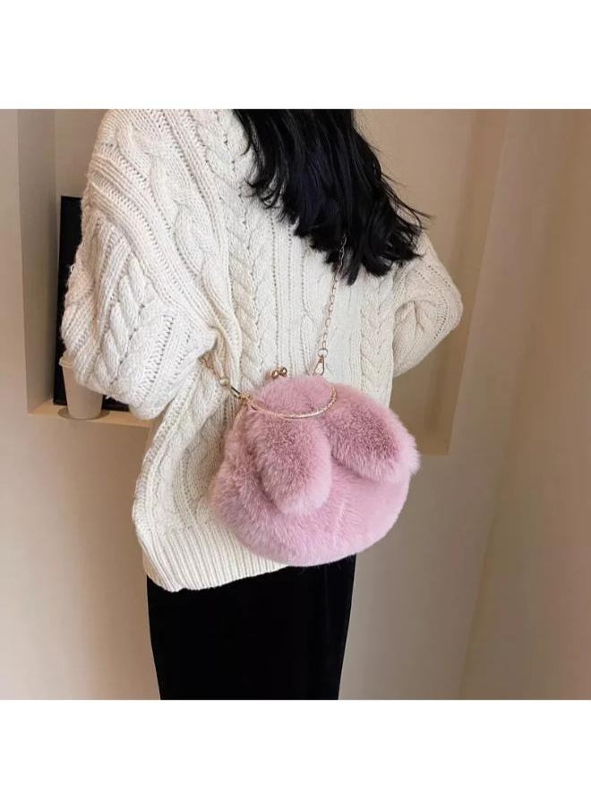 Cute Soft Rabbit Ear Sling Hand Bag With Smooth Zipper,Cross Body Bag For Girls,Clutch Purse with Gold Metal Chain Strap, Plush Side Bag, Shoulder hand Purse