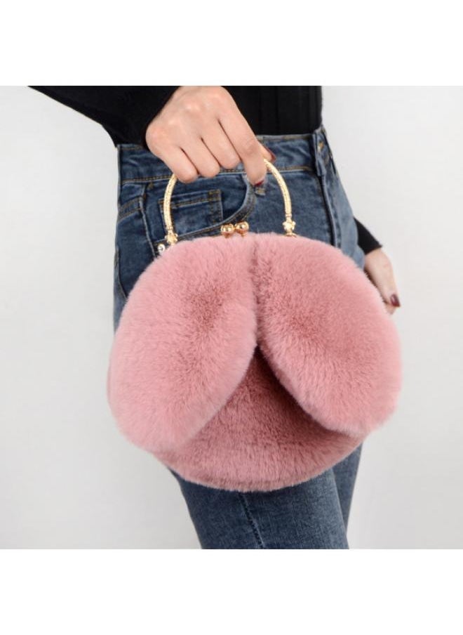 Cute Soft Rabbit Ear Sling Hand Bag With Smooth Zipper,Cross Body Bag For Girls,Clutch Purse with Gold Metal Chain Strap, Plush Side Bag, Shoulder hand Purse