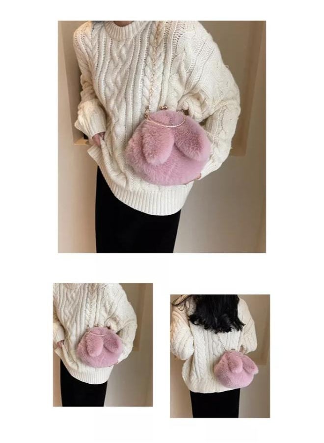 Cute Soft Rabbit Ear Sling Hand Bag With Smooth Zipper,Cross Body Bag For Girls,Clutch Purse with Gold Metal Chain Strap, Plush Side Bag, Shoulder hand Purse