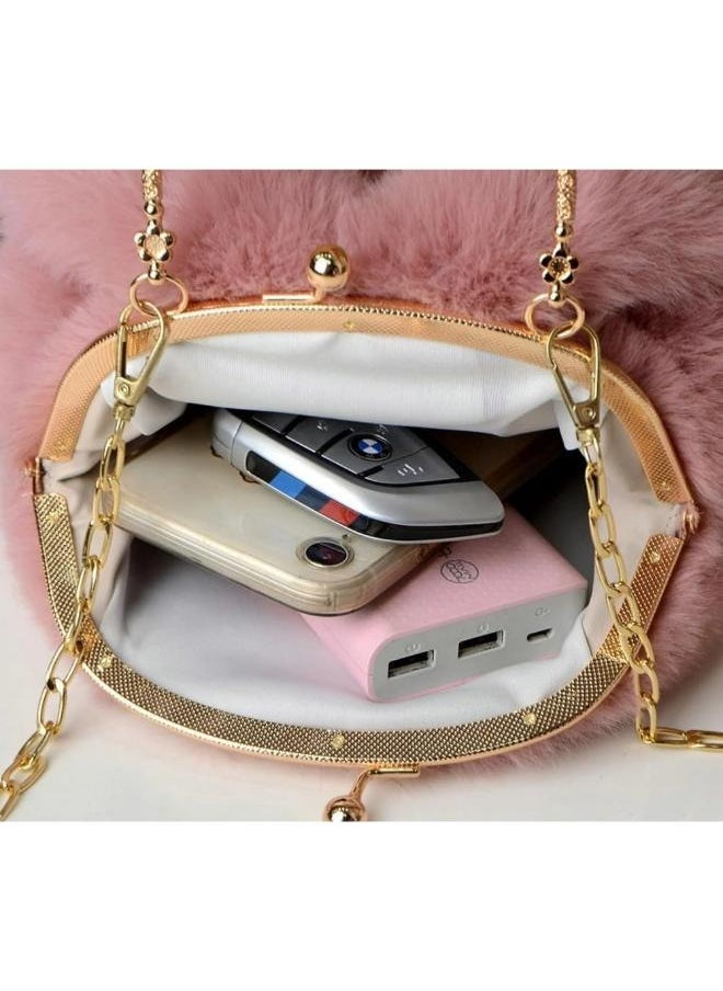 Cute Soft Rabbit Ear Sling Hand Bag With Smooth Zipper,Cross Body Bag For Girls,Clutch Purse with Gold Metal Chain Strap, Plush Side Bag, Shoulder hand Purse