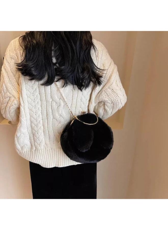 Cute Soft Rabbit Ear Sling Hand Bag With Smooth Zipper,Cross Body Bag For Girls,Clutch Purse with Gold Metal Chain Strap, Plush Side Bag, Shoulder hand Purse(Black)
