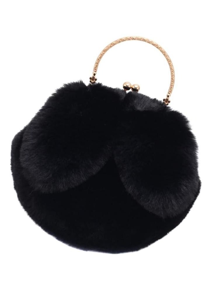 Cute Soft Rabbit Ear Sling Hand Bag With Smooth Zipper,Cross Body Bag For Girls,Clutch Purse with Gold Metal Chain Strap, Plush Side Bag, Shoulder hand Purse(Black)