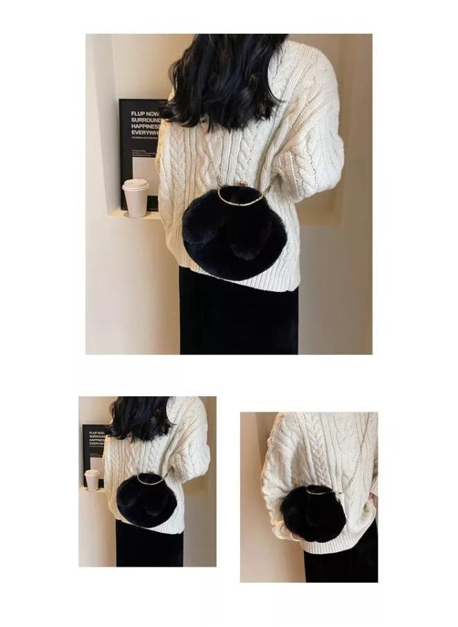 Cute Soft Rabbit Ear Sling Hand Bag With Smooth Zipper,Cross Body Bag For Girls,Clutch Purse with Gold Metal Chain Strap, Plush Side Bag, Shoulder hand Purse(Black)