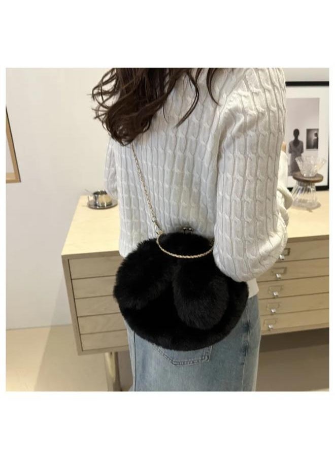 Cute Soft Rabbit Ear Sling Hand Bag With Smooth Zipper,Cross Body Bag For Girls,Clutch Purse with Gold Metal Chain Strap, Plush Side Bag, Shoulder hand Purse(Black)