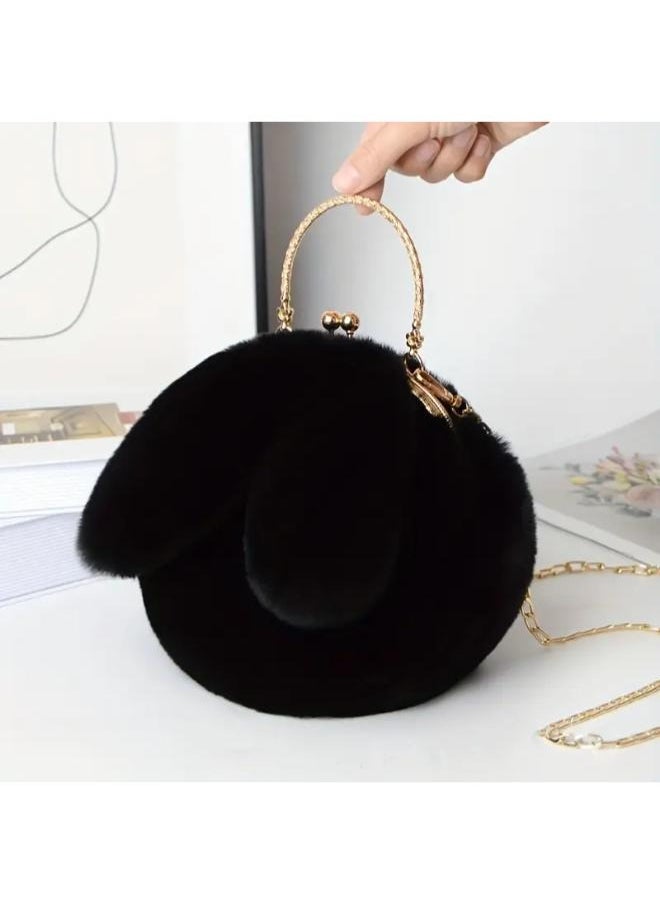 Cute Soft Rabbit Ear Sling Hand Bag With Smooth Zipper,Cross Body Bag For Girls,Clutch Purse with Gold Metal Chain Strap, Plush Side Bag, Shoulder hand Purse(Black)