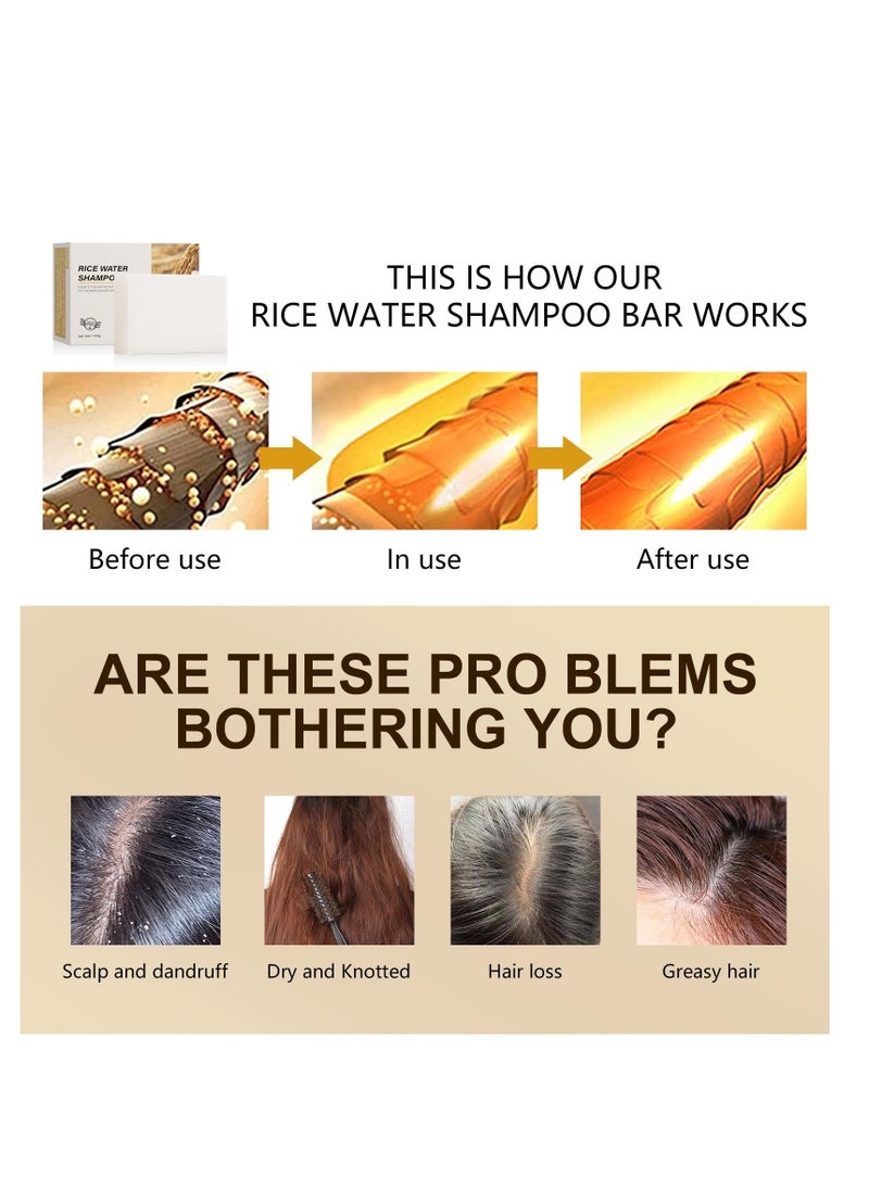 Rice Water Hair Growth Soap, 2 In 1 Shampoo and Conditioner Bar with Coconut Oil for Strengthening Moisturizing Dry Hair, Anti-Hair Loss Rice Shampoo Bars for Hair Growth