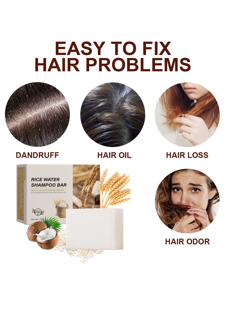 Rice Water Hair Growth Soap, 2 In 1 Shampoo and Conditioner Bar with Coconut Oil for Strengthening Moisturizing Dry Hair, Anti-Hair Loss Rice Shampoo Bars for Hair Growth