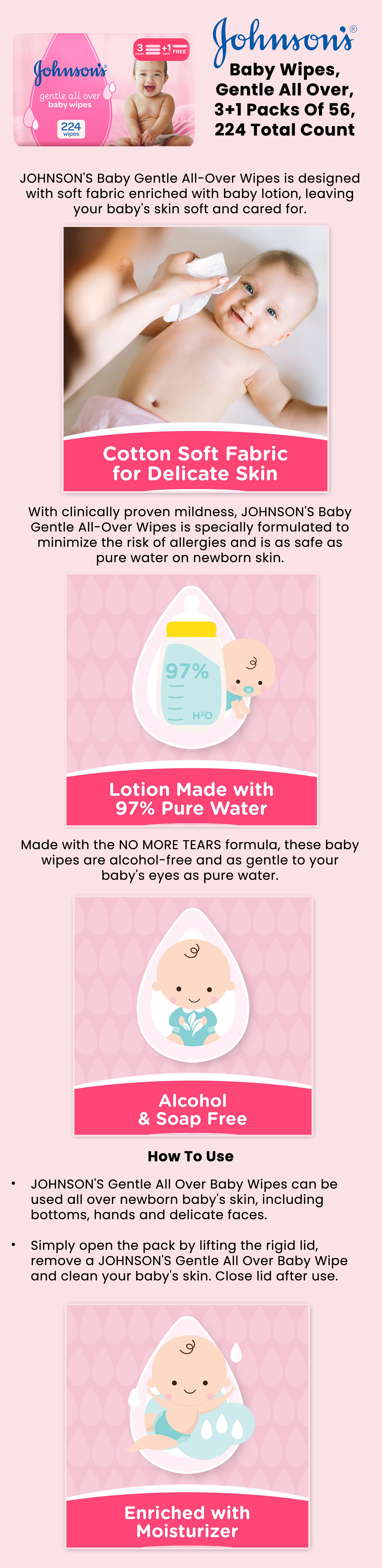 Baby Wipes, Gentle All Over, 3+1 Packs Of 56, 224 Total Count