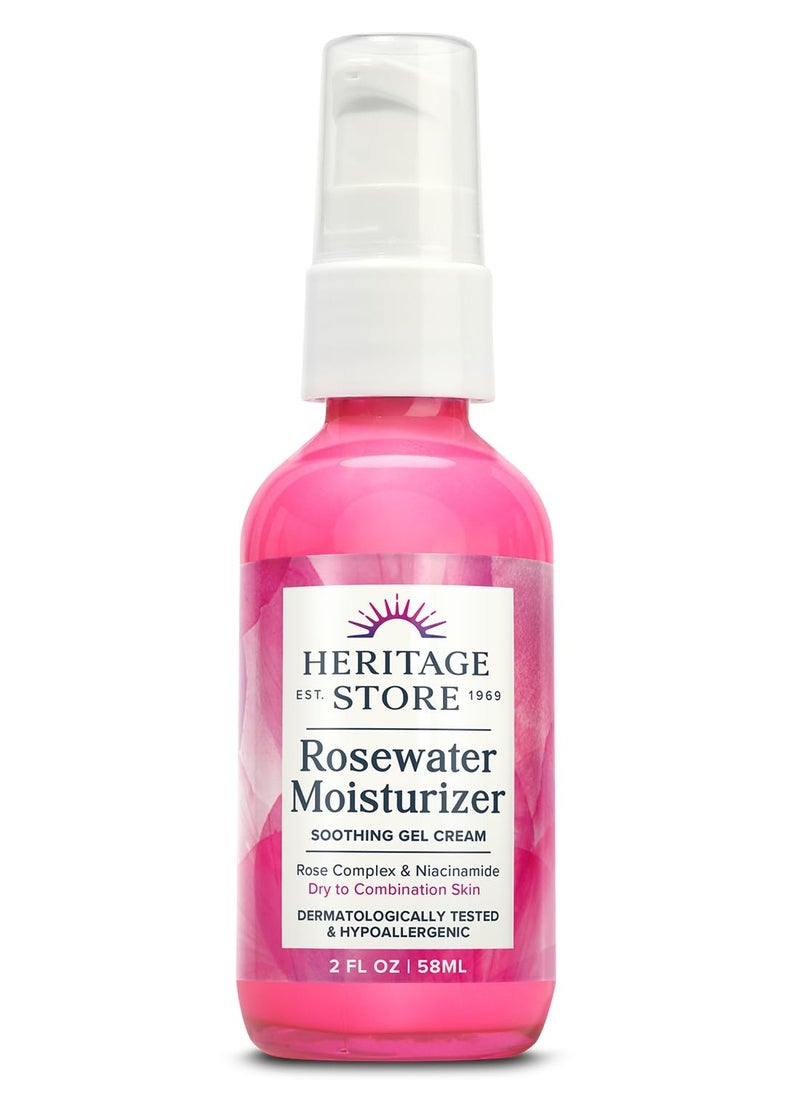 HERITAGE STORE Rosewater Facial Moisturizer - Soothing Gel Cream w/Rose Complex, Niacinamide and Hyaluronic Acid - Dry to Combination Skin - Hypoallergenic, Vegan, Cruelty Free, 60-Day Guarantee, 2oz