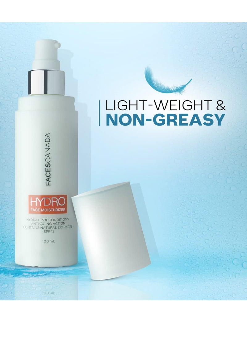 Hydro Face Moisturizer with SPF 15 | Natural Hydrating & Anti Aging Formula | Lightweight & Non Greasy | for Radiant Skin | 3.38 Fl Oz (100ml)