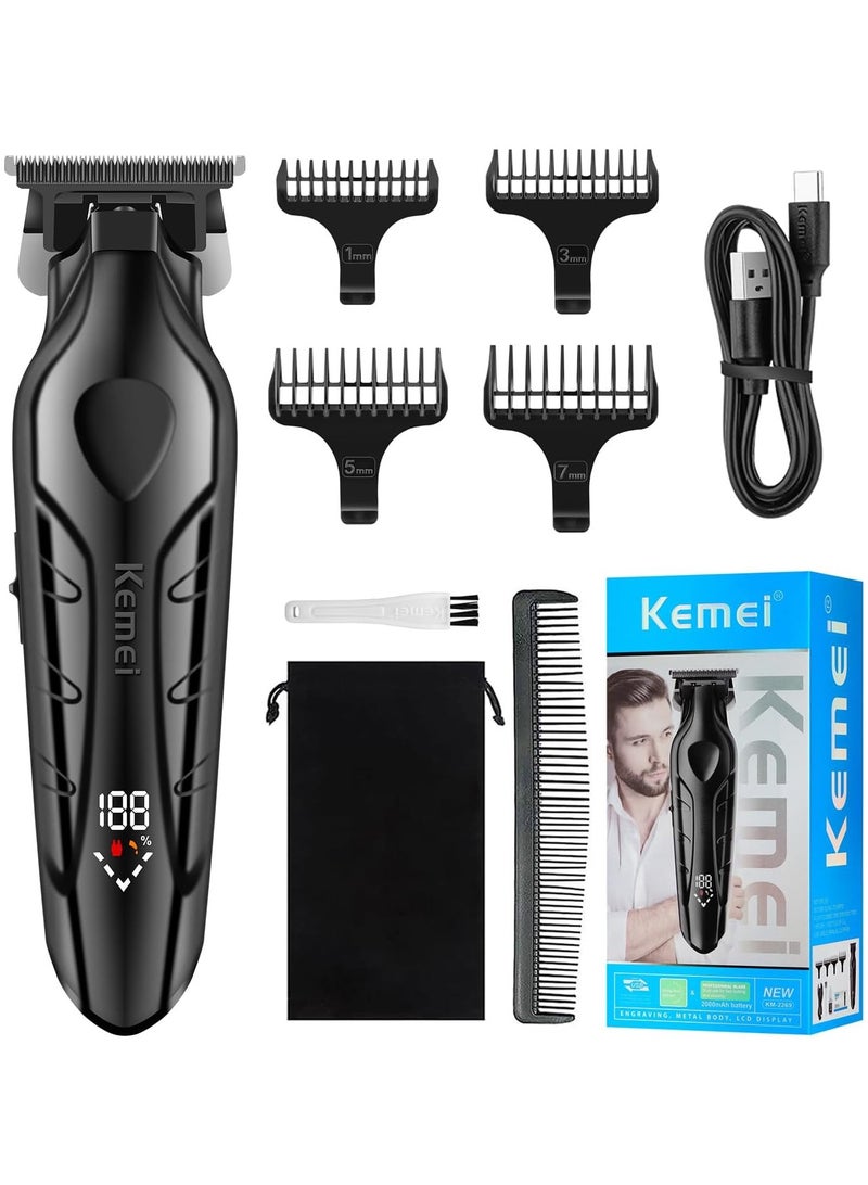 Professional Cordless Men's Beard Trimmer Barber Hair Clipper T-Blade Haircut Machine with LED Display, KM-2269