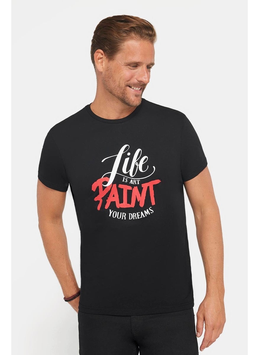 Men's Slim Fit Slim Cut 100% Cotton Soft Texture Printed Black Crew Neck T-Shirt