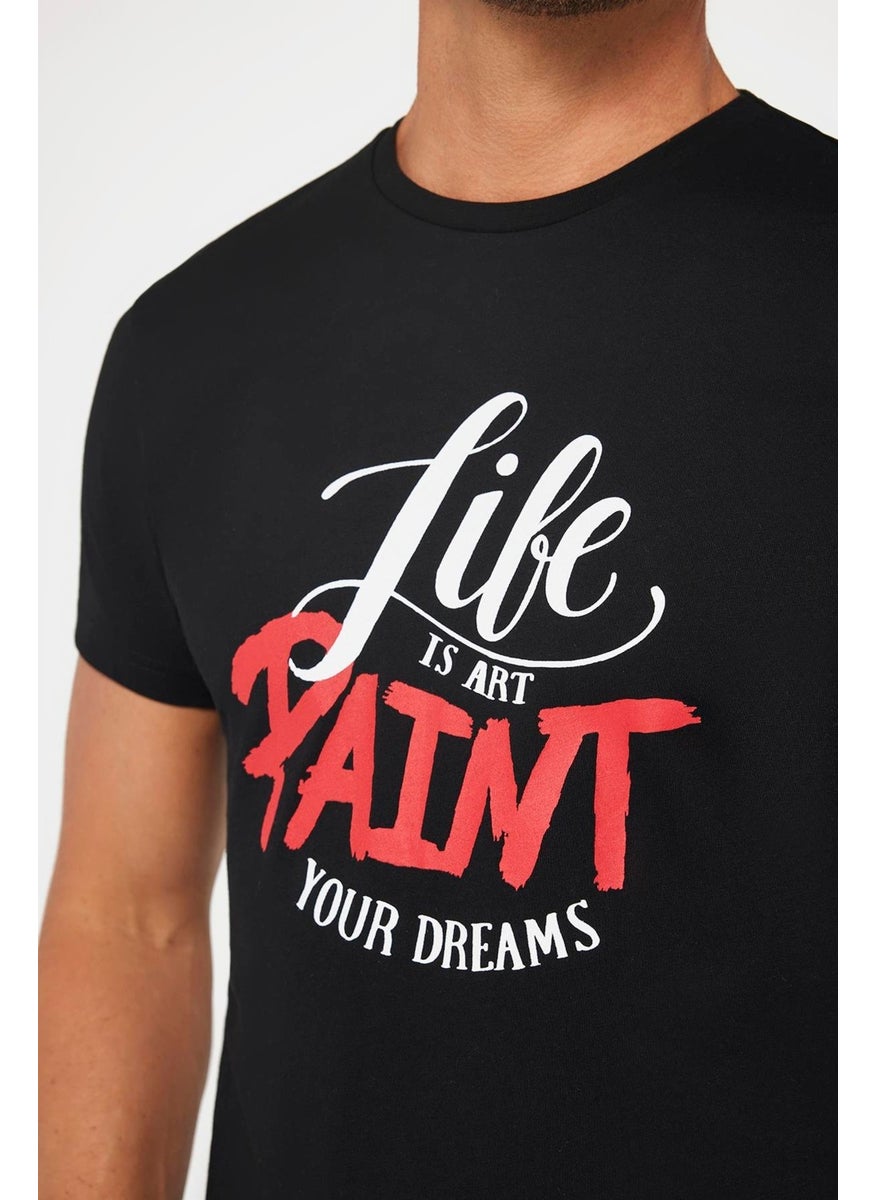 Men's Slim Fit Slim Cut 100% Cotton Soft Texture Printed Black Crew Neck T-Shirt