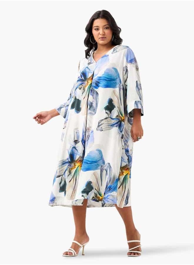 Plus Size Ulla Popken Floral Print V-Neck Dress with 3/4 Sleeves