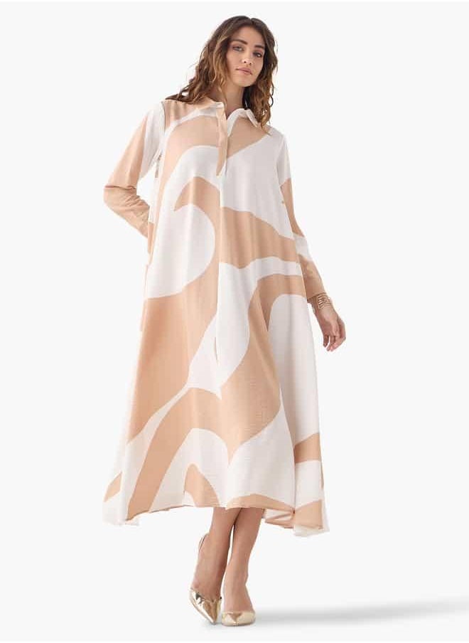 Iconic All-Over Print Trapeze Dress with Cuff Sleeves