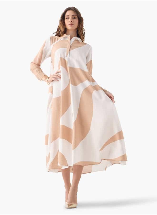 Iconic All-Over Print Trapeze Dress with Cuff Sleeves