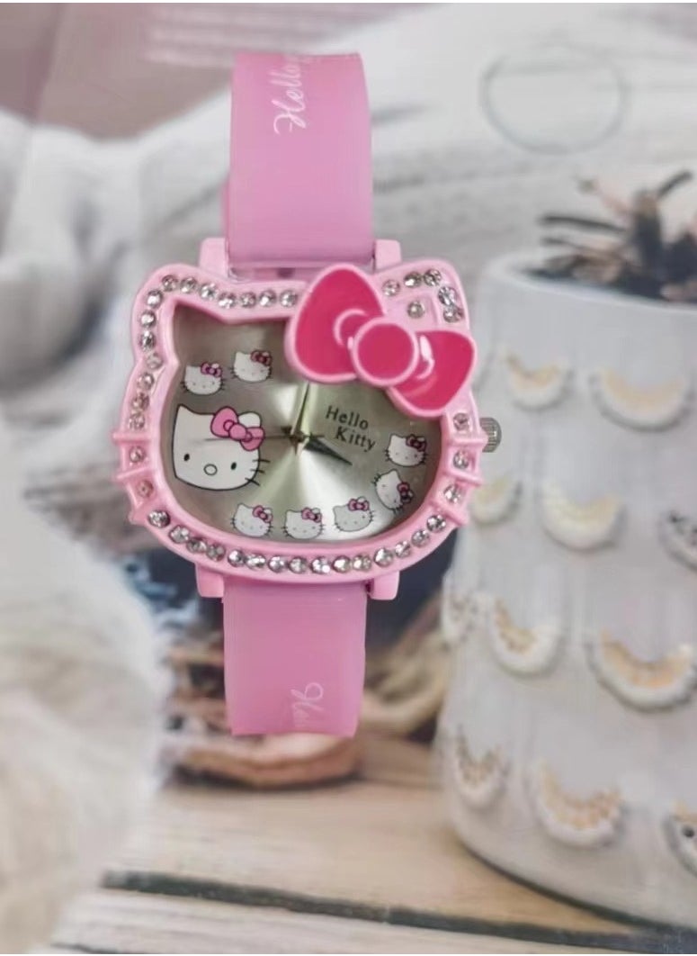 Cartoon Hello Kitty dial with diamond silicone strap children's watch