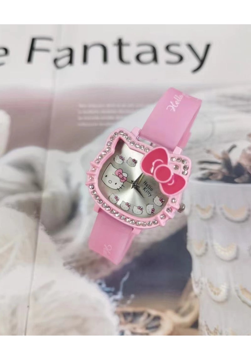 Cartoon Hello Kitty dial with diamond silicone strap children's watch