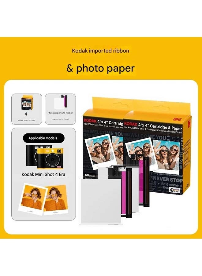 KODAK 4 - Inch Square Color Instant Photo Printer Paper (2 Packs of 60 Sheets Each, 120 Sheets Total) with Integrated Ribbon, Specifically Designed for Kodak Mini Shot 4 Era Printers for Exceptional One - Step Printing
