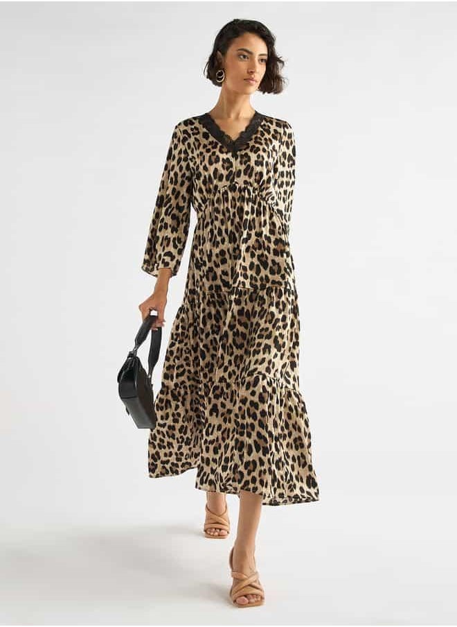 All-Over Animal Print Tiered Midi Dress with Lace Detail and 3/4 Sleeves