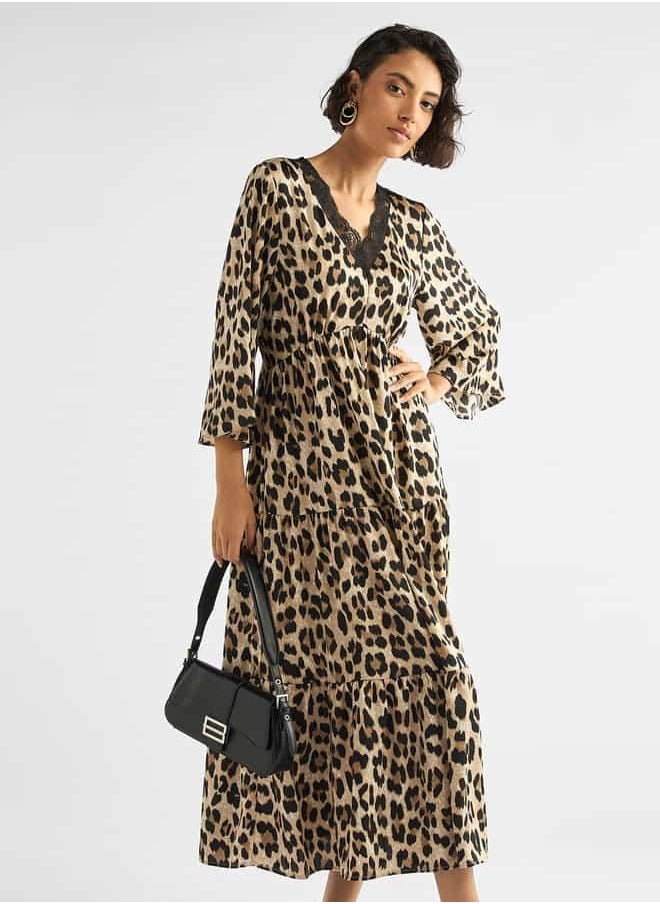 All-Over Animal Print Tiered Midi Dress with Lace Detail and 3/4 Sleeves