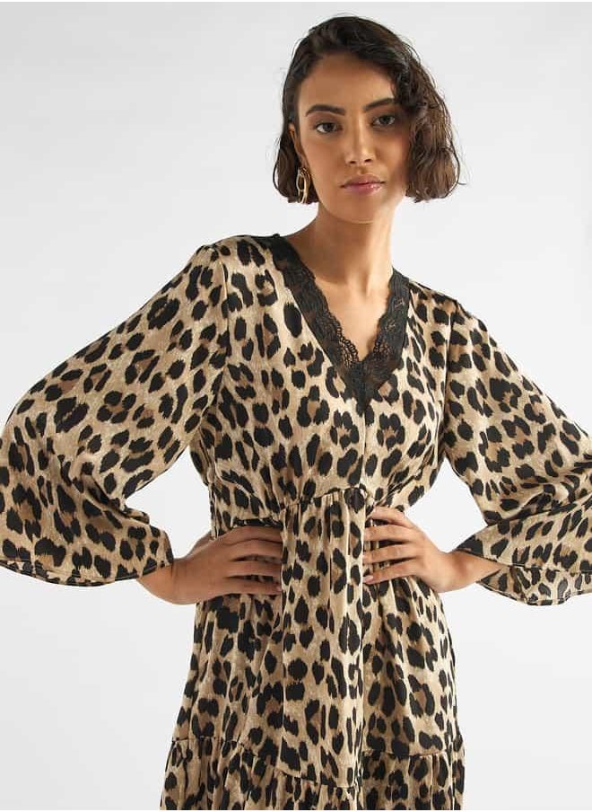 All-Over Animal Print Tiered Midi Dress with Lace Detail and 3/4 Sleeves