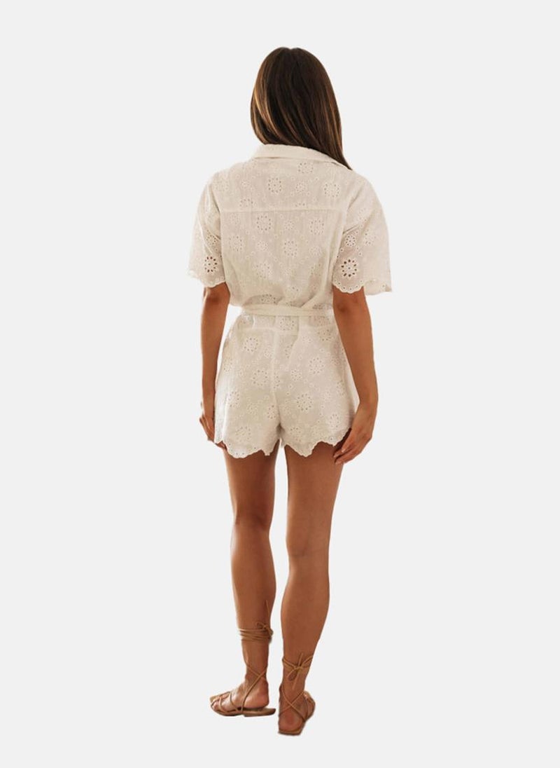 White Collared Solid Cropped Jumpsuit